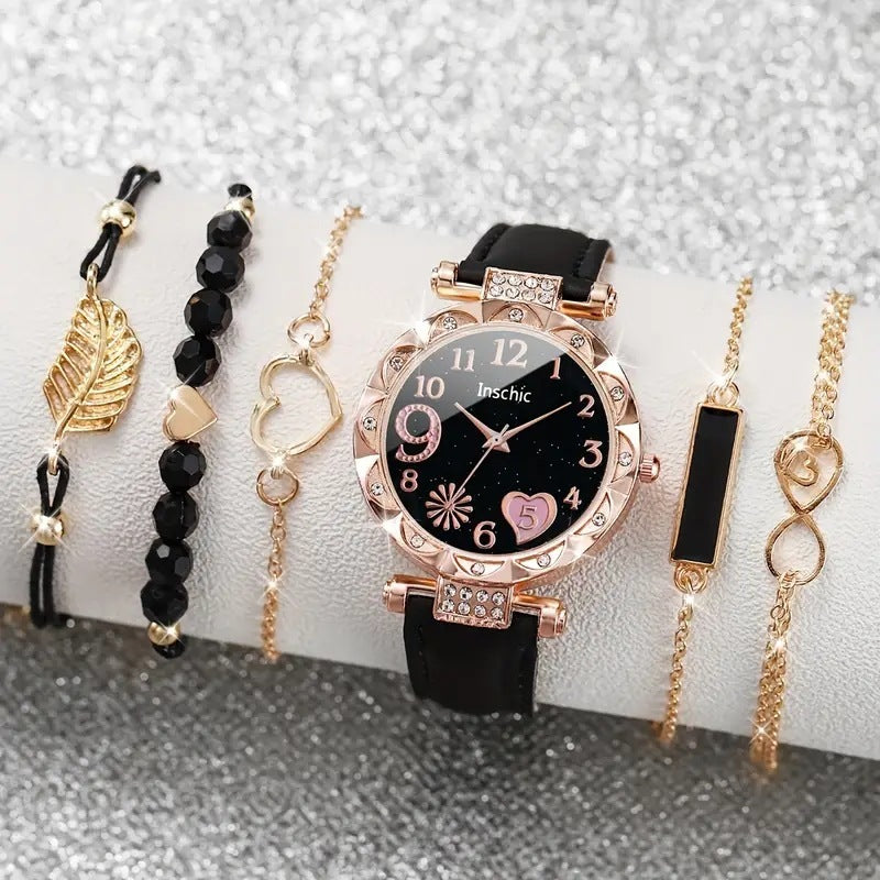 Women's Diamond Dial Belt Quartz Watch And Beaded Bracelet Suit