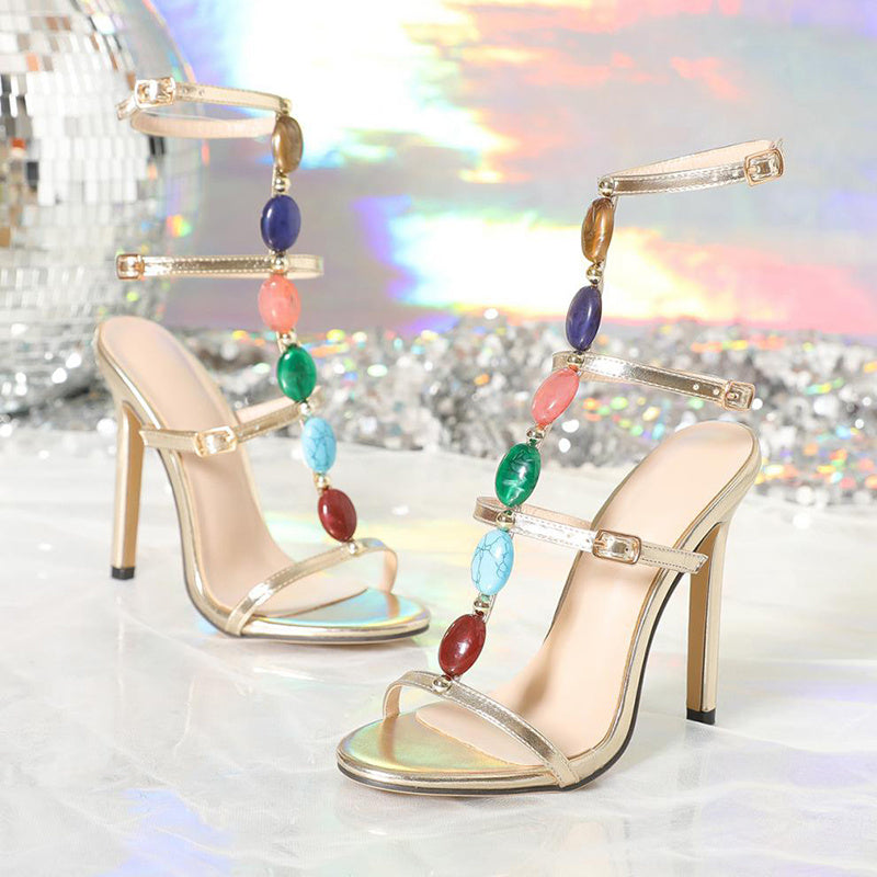 Colorful Beads Buckle Summer Stiletto Shoes