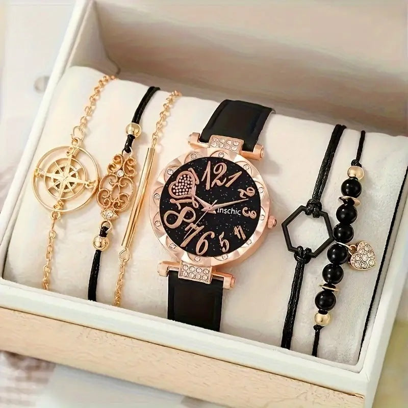 Women's Diamond Dial Belt Quartz Watch And Beaded Bracelet Suit