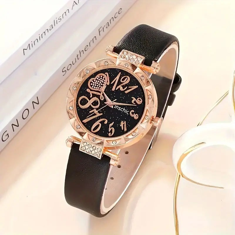 Women's Diamond Dial Belt Quartz Watch And Beaded Bracelet Suit