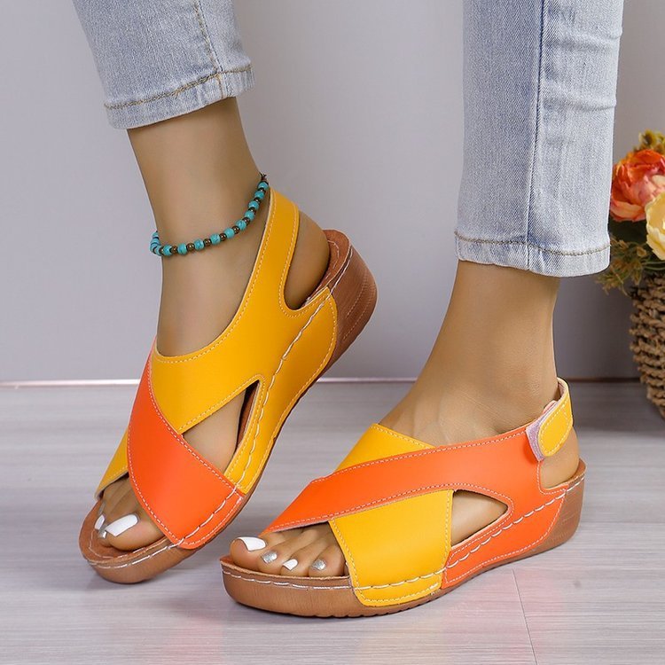 Summer Wedges Sandals With Color Block Cross-strap Design For Women