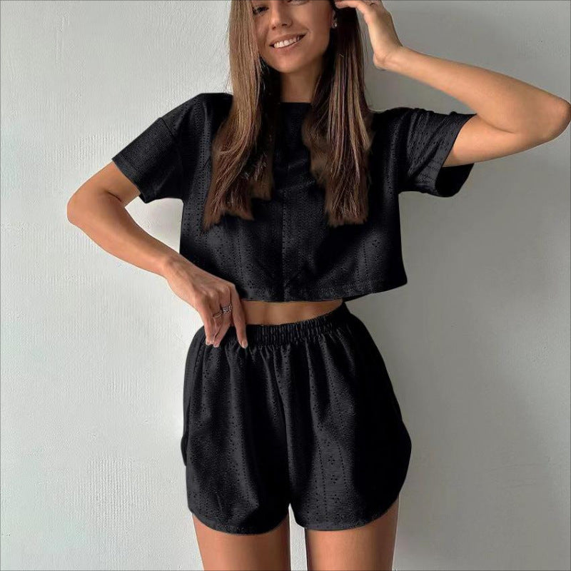 2pcs Casual Hollow Suit With Short-sleeved Crop Top And Elastic Slit Shorts