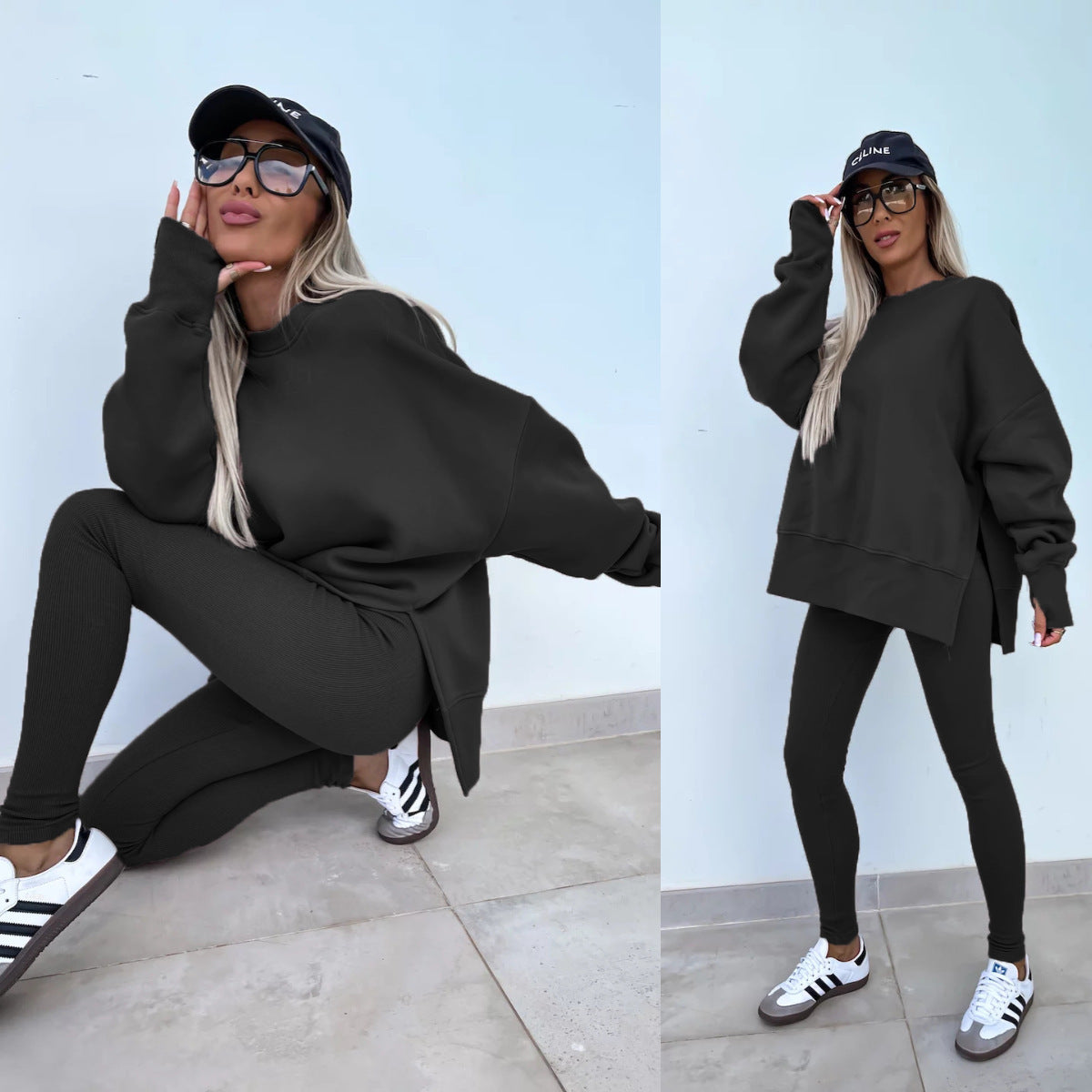 Women's Casual Loose Long Sleeve Crew Neck Split Top Tight Trousers