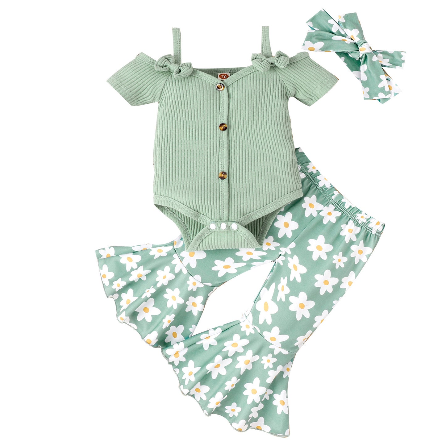 Solid Color Sling Off-shoulder Top Floral Bell-bottom Pants Suit