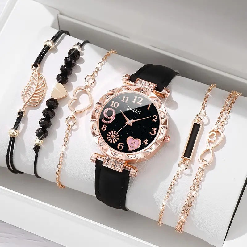 Women's Diamond Dial Belt Quartz Watch And Beaded Bracelet Suit