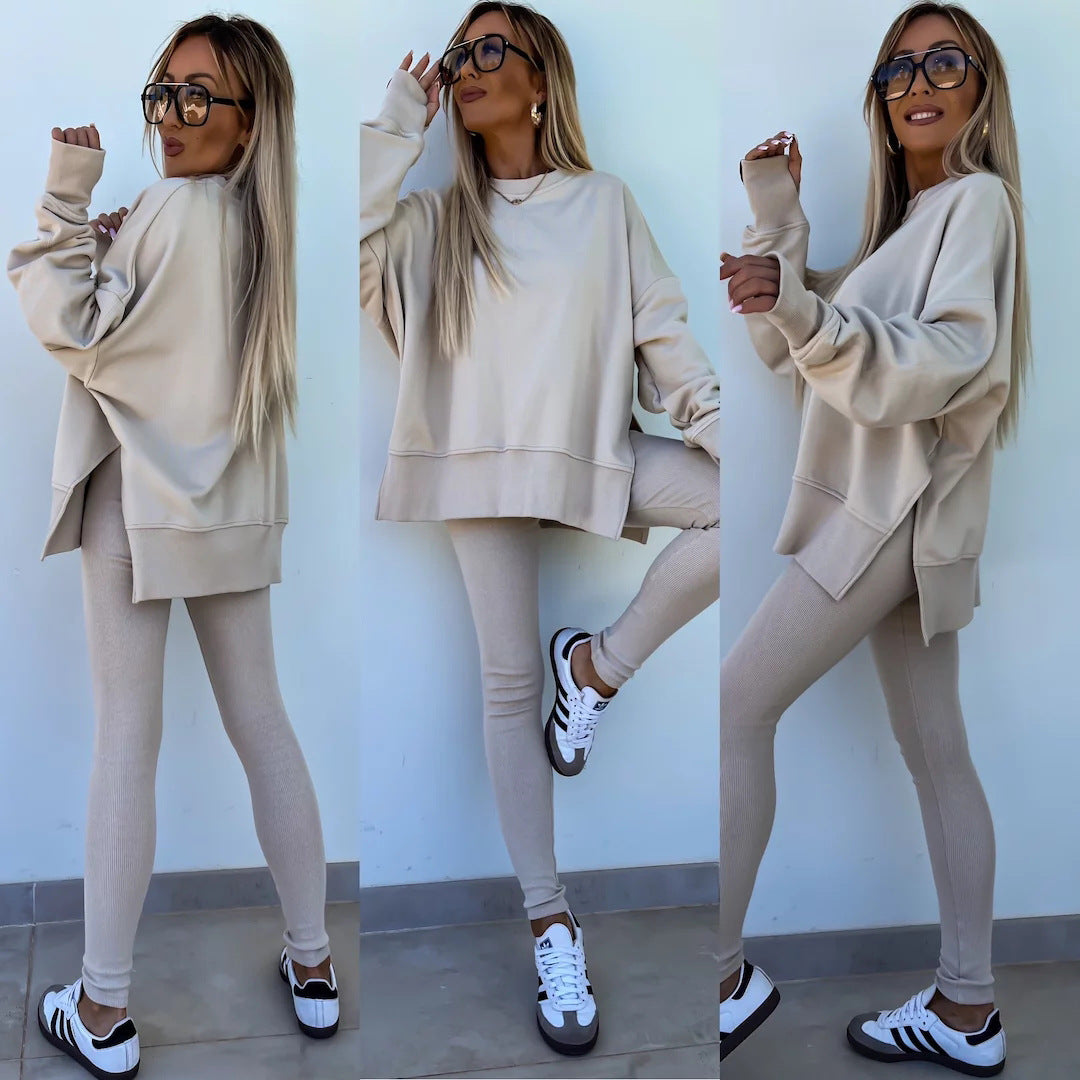 Women's Casual Loose Long Sleeve Crew Neck Split Top Tight Trousers