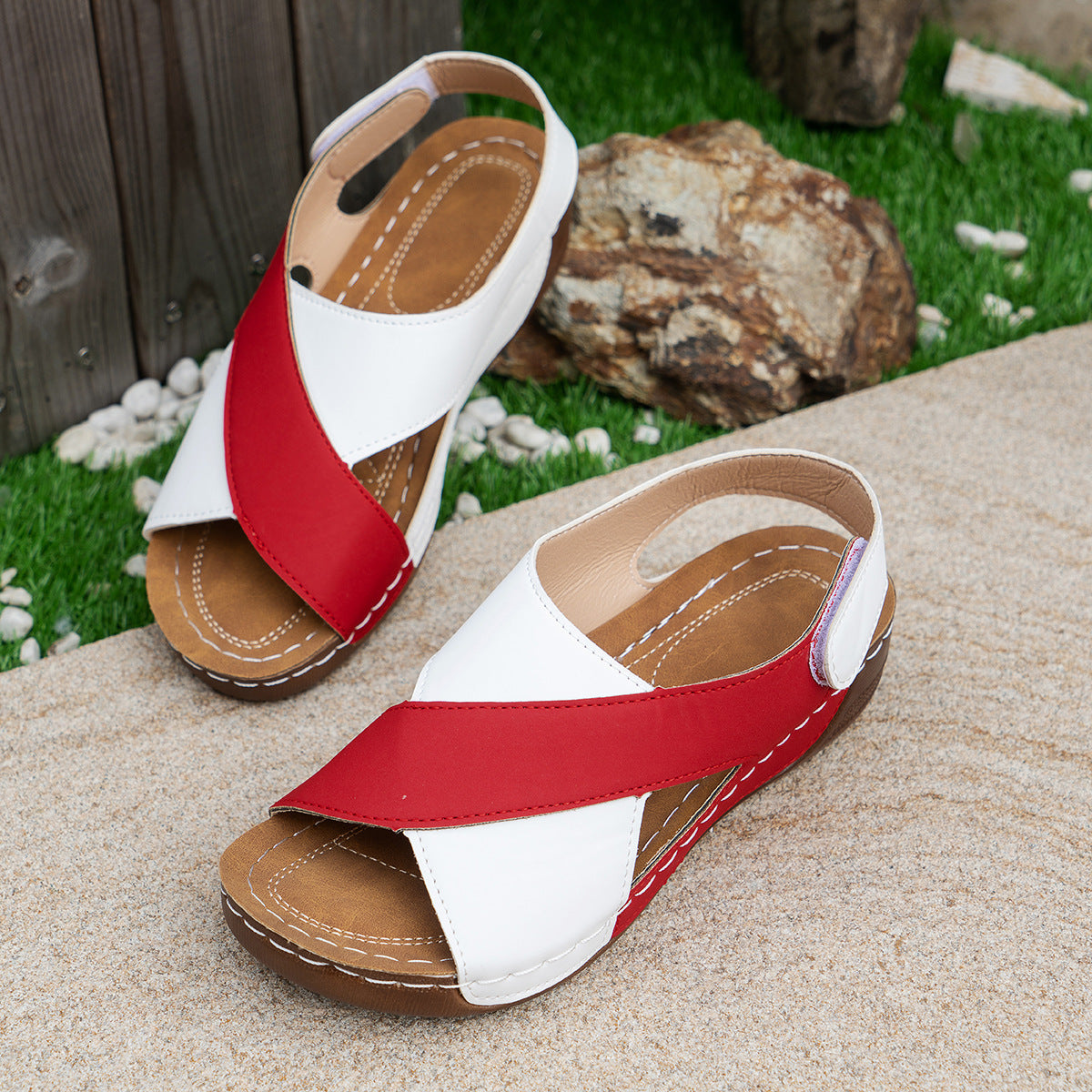 Summer Wedges Sandals With Color Block Cross-strap Design For Women