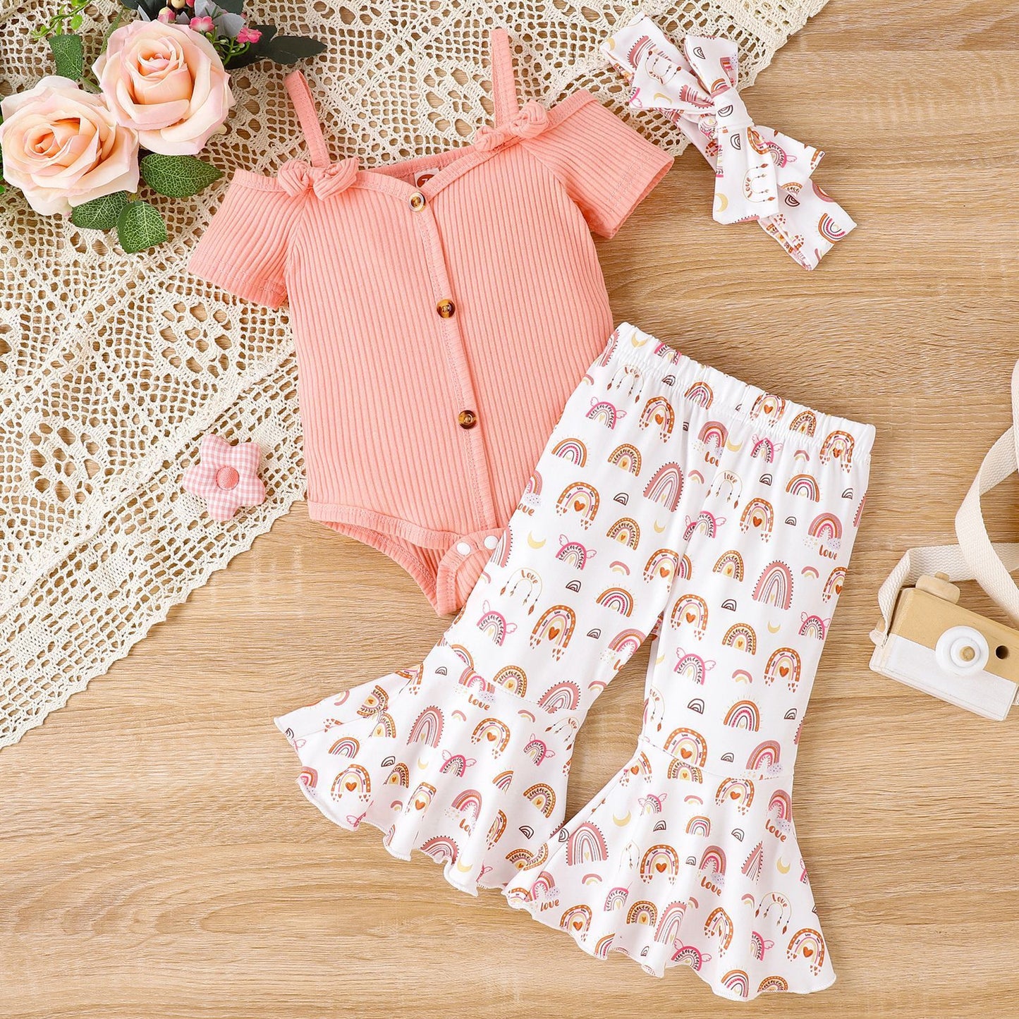 Solid Color Sling Off-shoulder Top Floral Bell-bottom Pants Suit