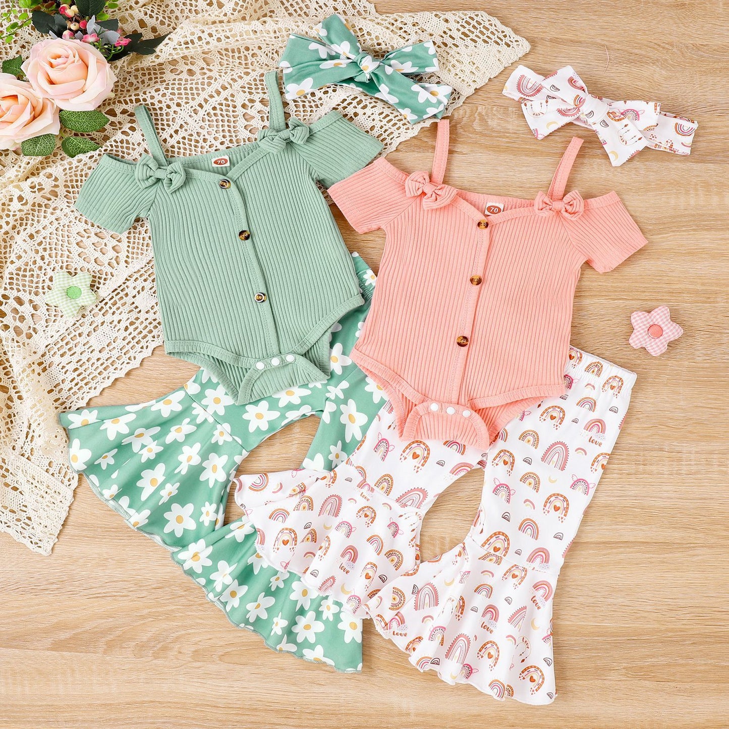 Solid Color Sling Off-shoulder Top Floral Bell-bottom Pants Suit