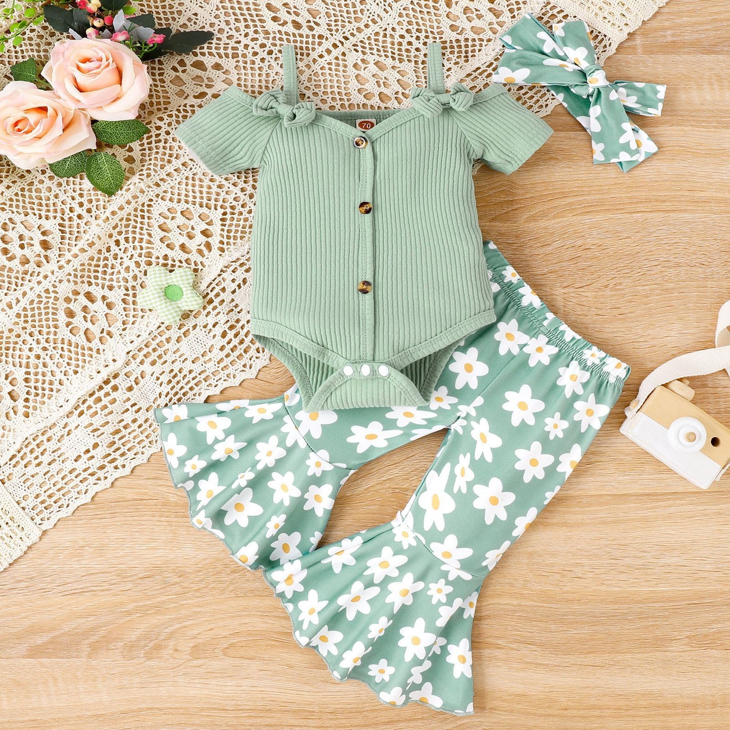 Solid Color Sling Off-shoulder Top Floral Bell-bottom Pants Suit