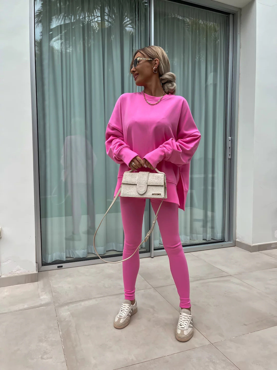 Women's Casual Loose Long Sleeve Crew Neck Split Top Tight Trousers