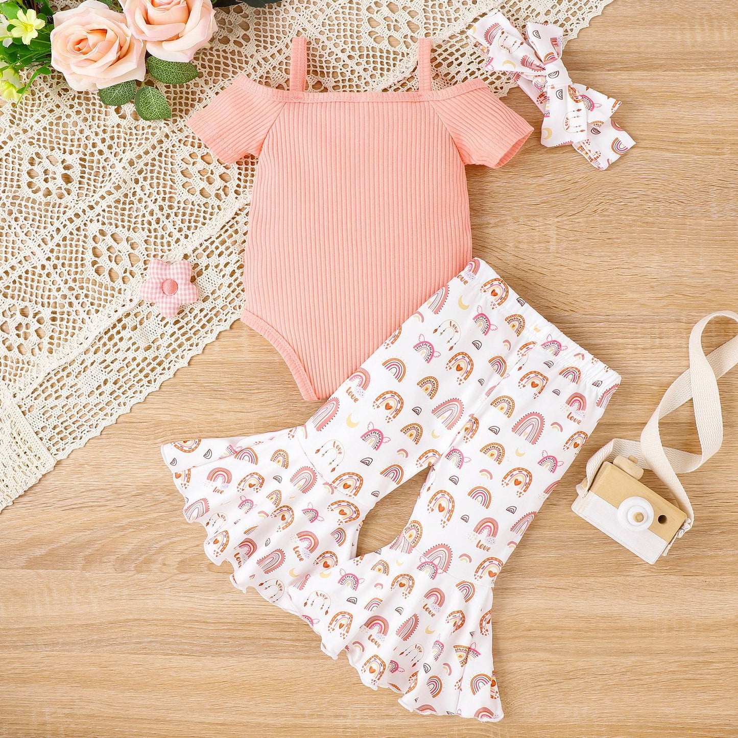 Solid Color Sling Off-shoulder Top Floral Bell-bottom Pants Suit