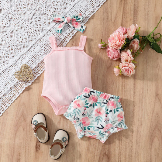Baby Girl Small Sling Sunken Stripe Top Print Triangle Shorts Suit