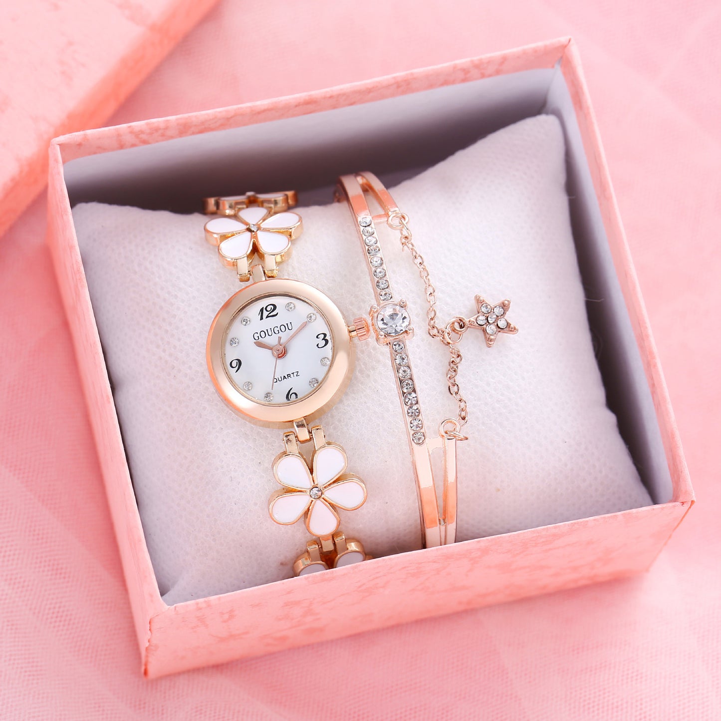 Women's Flower Disk Two-piece Bracelet Watch Set