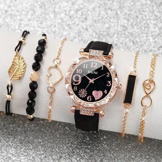 Women's Diamond Dial Belt Quartz Watch And Beaded Bracelet Suit