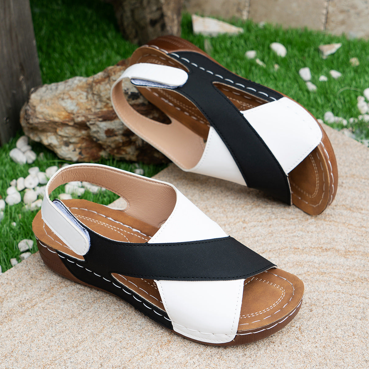 Summer Wedges Sandals With Color Block Cross-strap Design For Women