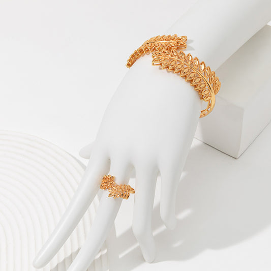 2pcs Vintage Wheat Ear Leaf Gold Bracelet With An Open Ring