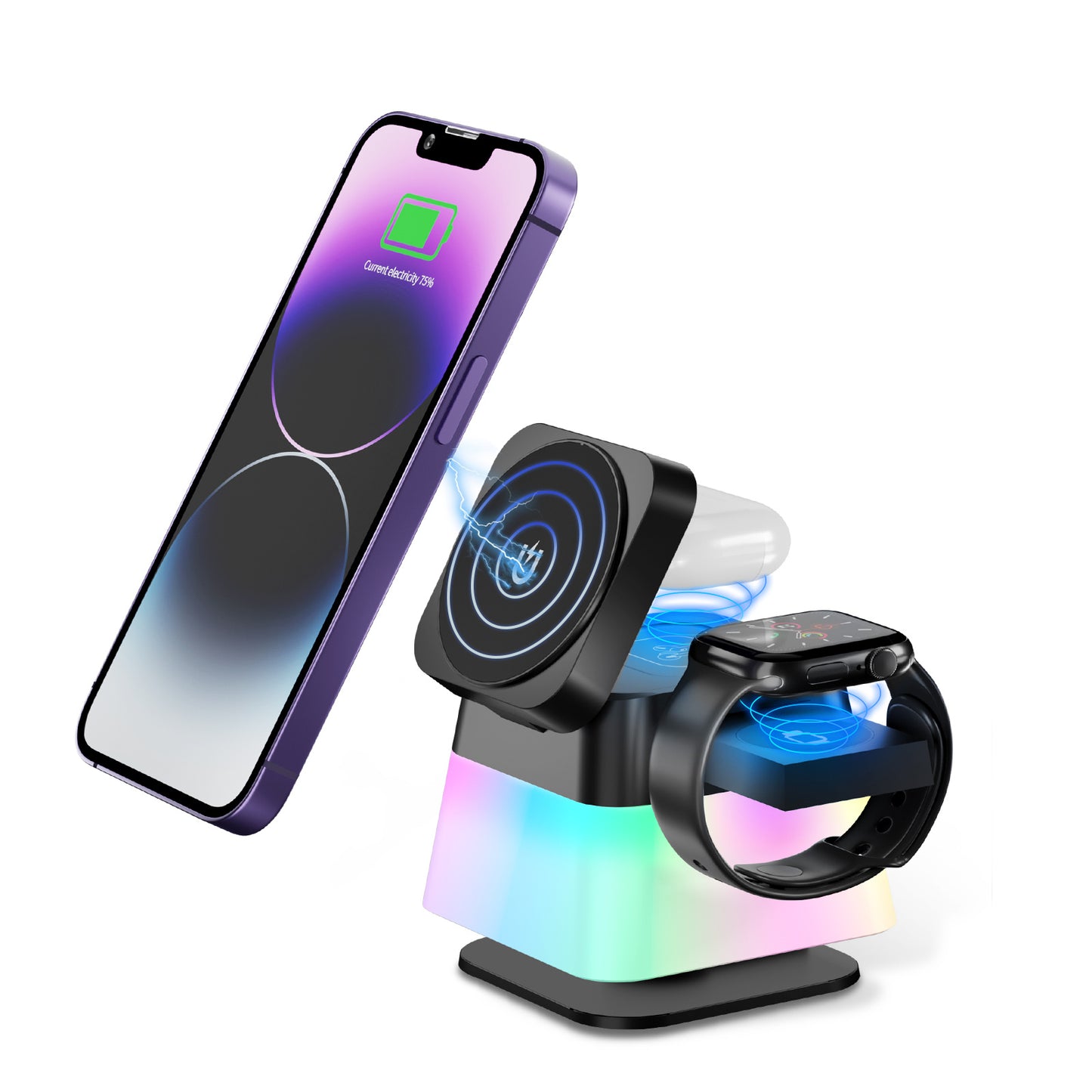4 In 1 Rotatable Colorful Lighting Wireless Charger Stand For Phone 8/715/14/13/12 Pro Max