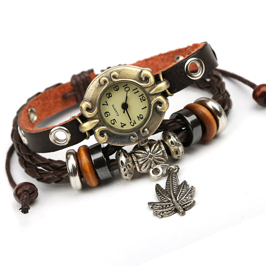 Retro Leather Beaded Bracelet Watch