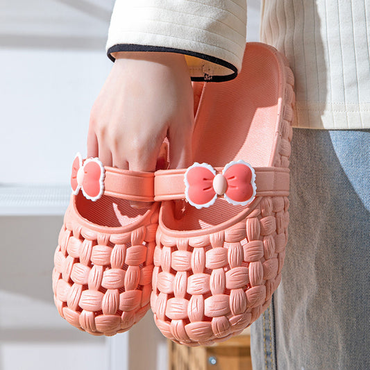 Baotou Slippers With Bow Braid Design