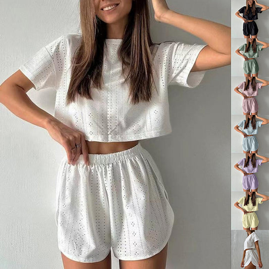 2pcs Casual Hollow Suit With Short-sleeved Crop Top And Elastic Slit Shorts