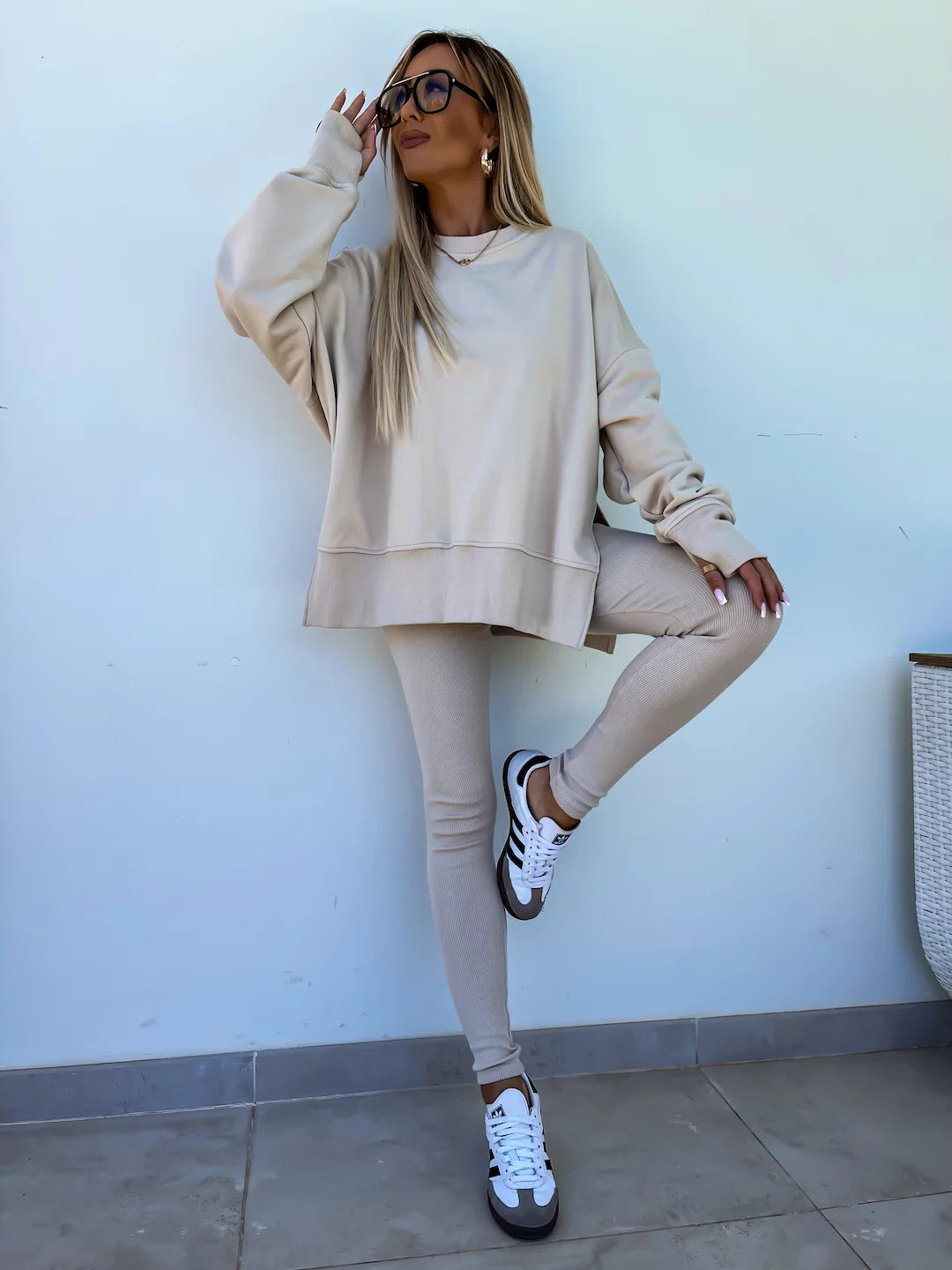 Women's Casual Loose Long Sleeve Crew Neck Split Top Tight Trousers