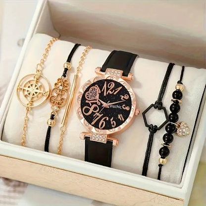 Women's Diamond Dial Belt Quartz Watch And Beaded Bracelet Suit