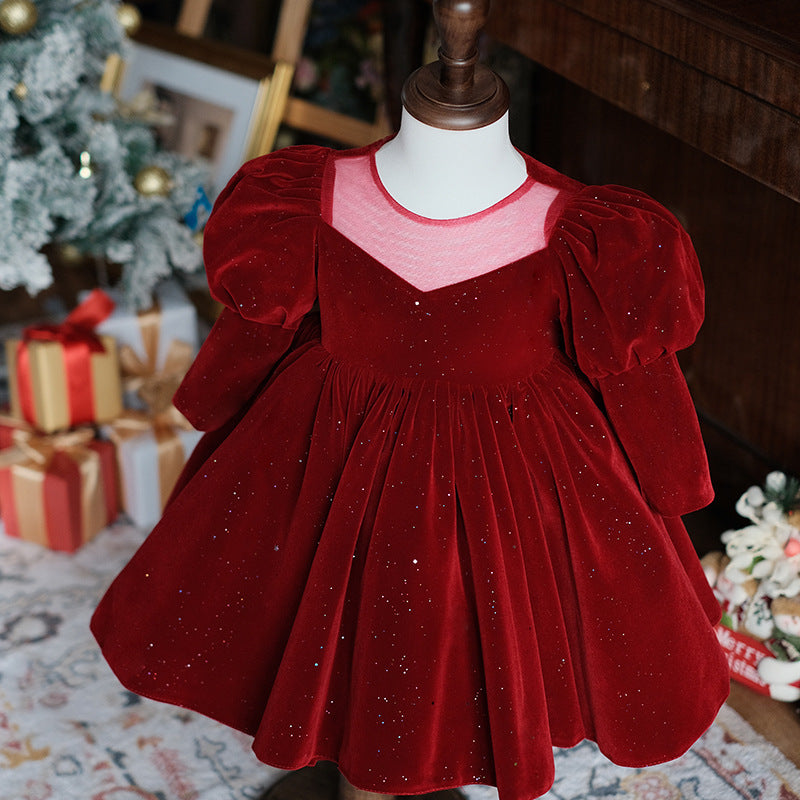 Wine Red Long Sleeve Flower Girl Wedding Princess Skirt