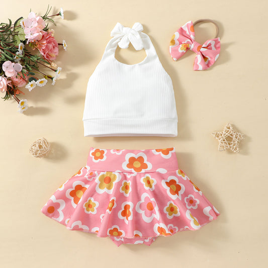 Ins Girls' New Solid Color Sling Top Flower Skirt Suit