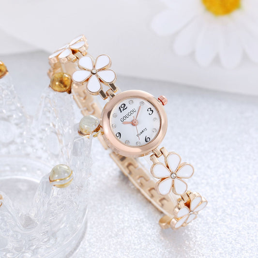 Women's Flower Disk Two-piece Bracelet Watch Set