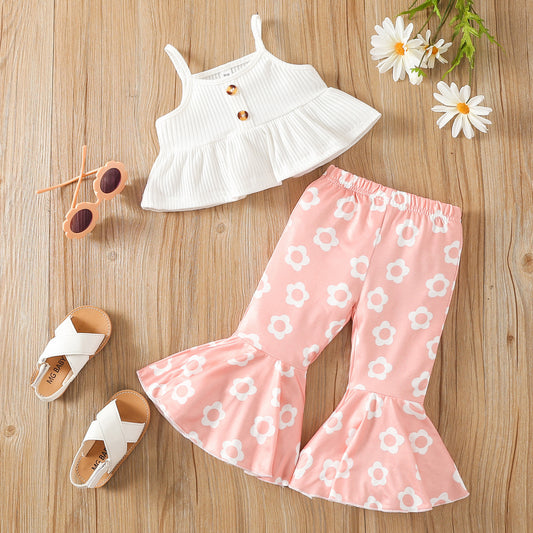 Children's Summer Spaghetti-strap Floral Print Cotton Flared Pants Suit