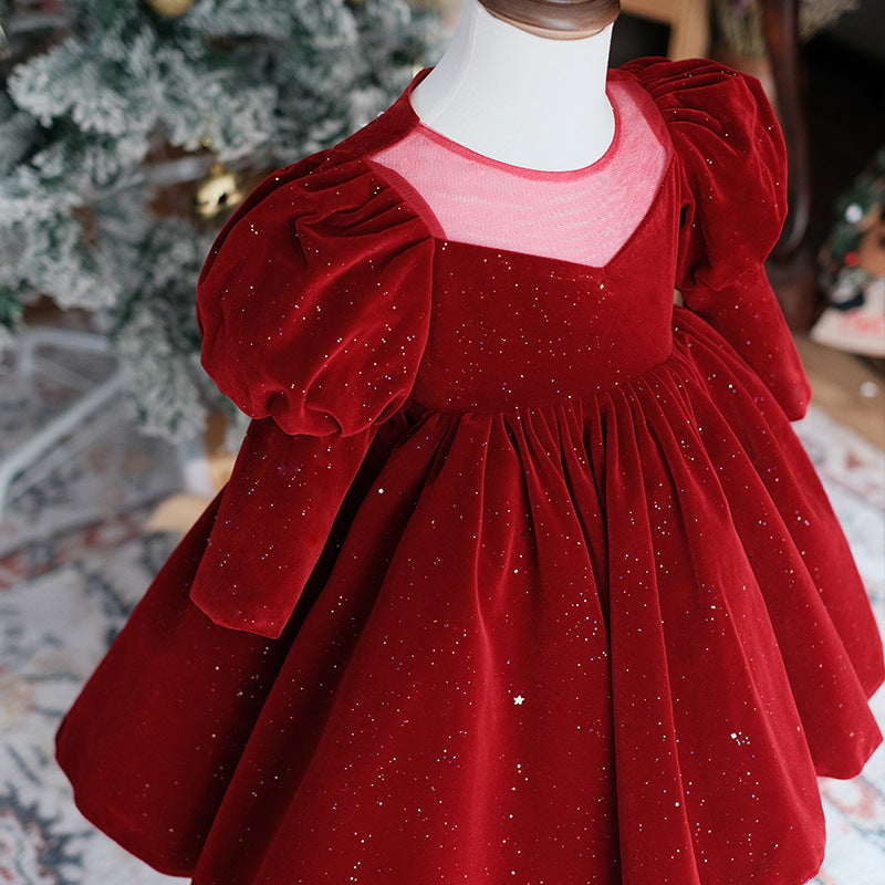 Wine Red Long Sleeve Flower Girl Wedding Princess Skirt