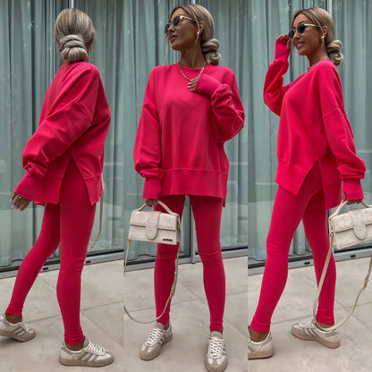 Women's Casual Loose Long Sleeve Crew Neck Split Top Tight Trousers