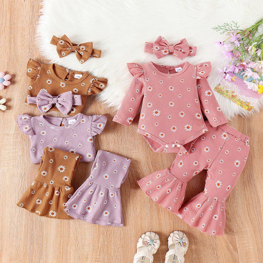 Children's Printed Top Bell-bottom Pants And Hair Band Set