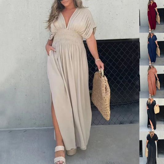 Fashion Bat-sleeved V-neck Slit Dress