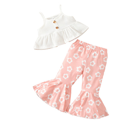 Children's Summer Spaghetti-strap Floral Print Cotton Flared Pants Suit