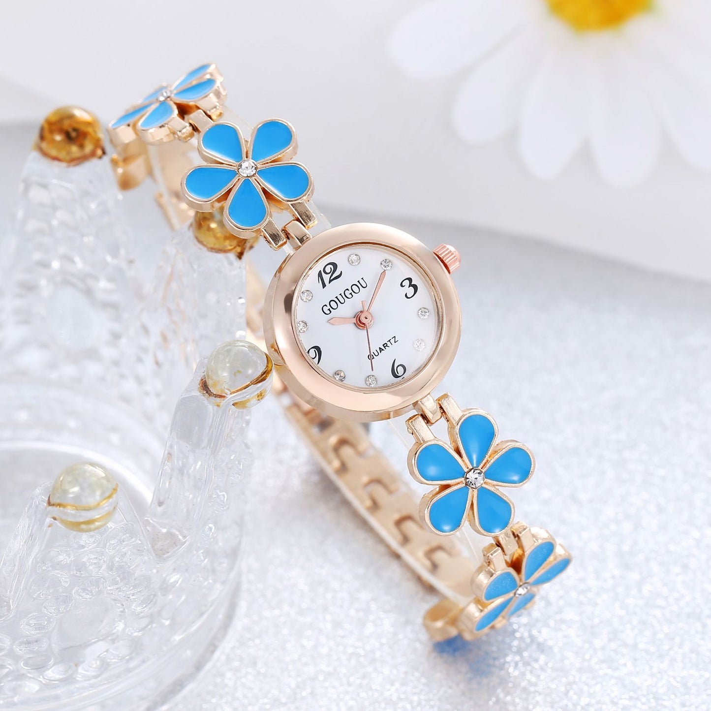 Women's Flower Disk Two-piece Bracelet Watch Set