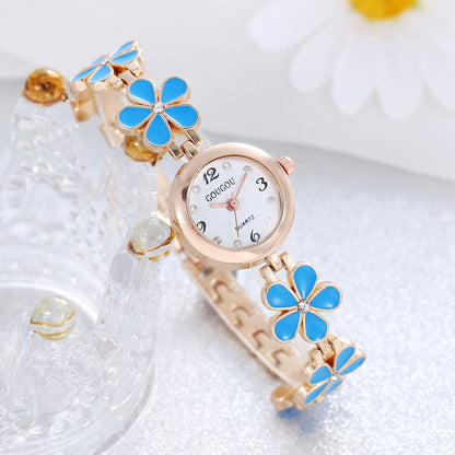 Women's Flower Disk Two-piece Bracelet Watch Set