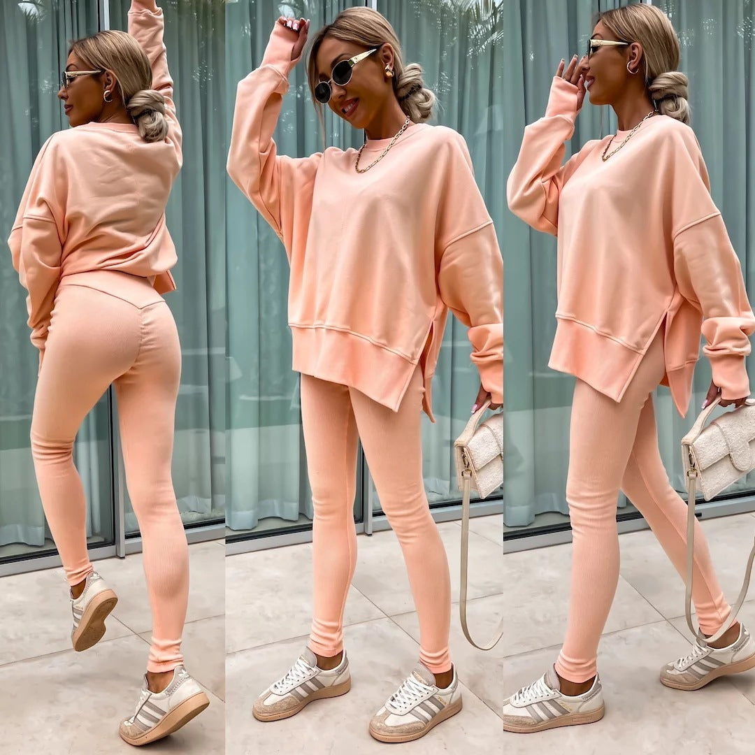 Women's Casual Loose Long Sleeve Crew Neck Split Top Tight Trousers