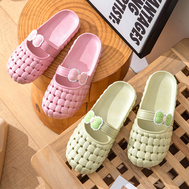 Baotou Slippers With Bow Braid Design