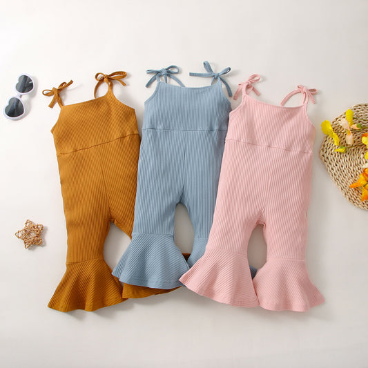 Girls Sunken Stripe One-piece Bell-bottom Pants