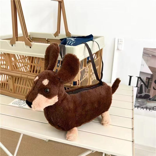 Plush Sausage Dog Doll Crossbody Shoulder Bag