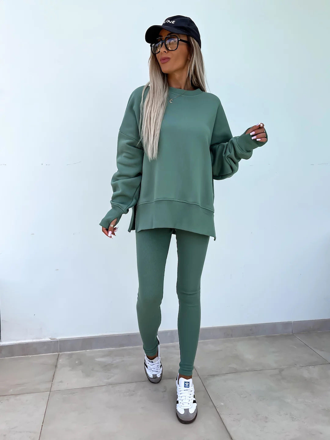 Women's Casual Loose Long Sleeve Crew Neck Split Top Tight Trousers