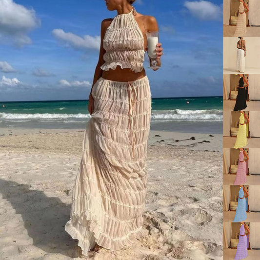 2pcs Women's Sexy Sleeveless Backless Cropped Halter Top And Pleated Long Skirt
