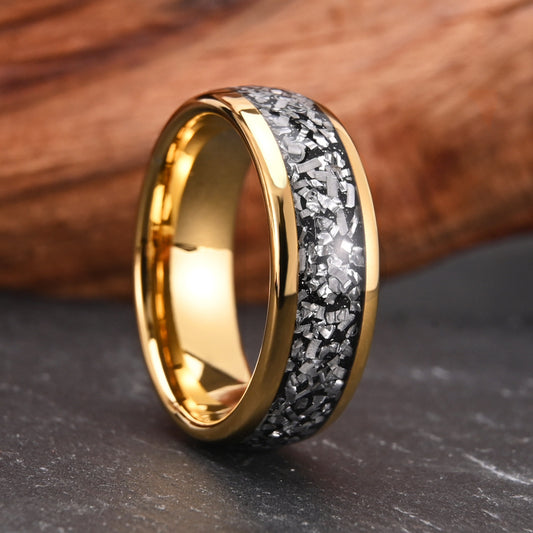 Tungsten Steel Inlaid Meteorite Block Ring