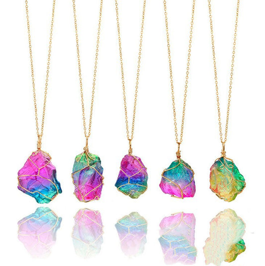 Seven-color, Natural Stone Rough Stone Winding, Crystal Pendant