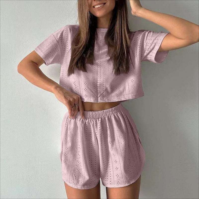 2pcs Casual Hollow Suit With Short-sleeved Crop Top And Elastic Slit Shorts
