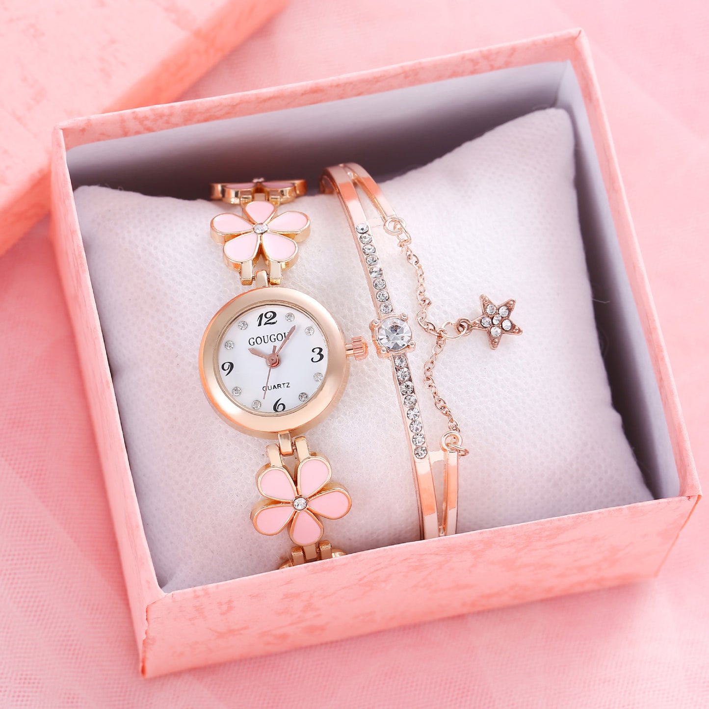Women's Flower Disk Two-piece Bracelet Watch Set
