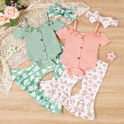 Solid Color Sling Off-shoulder Top Floral Bell-bottom Pants Suit