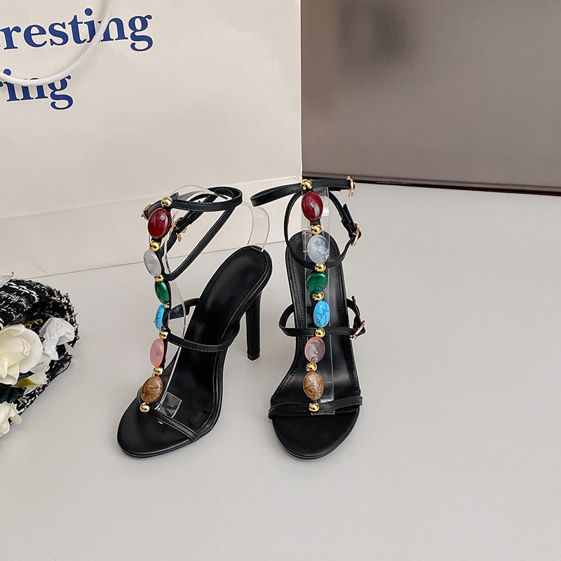 Colorful Beads Buckle Summer Stiletto Shoes